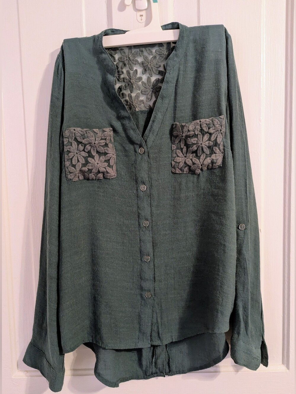 Dark Teal Boho Blouse with Buttons and Sheer Floral Embroidery Details